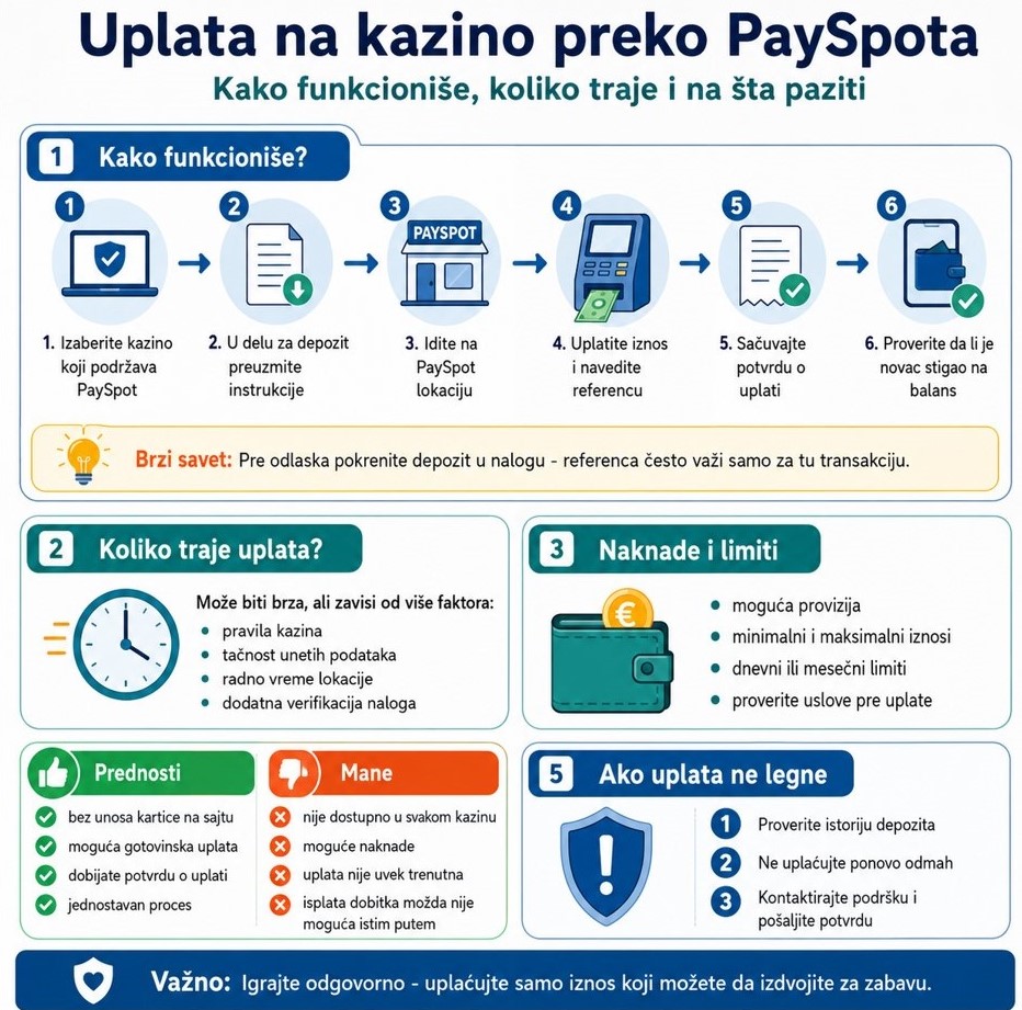 infografika uplata na kazino preko PaySpota koraci