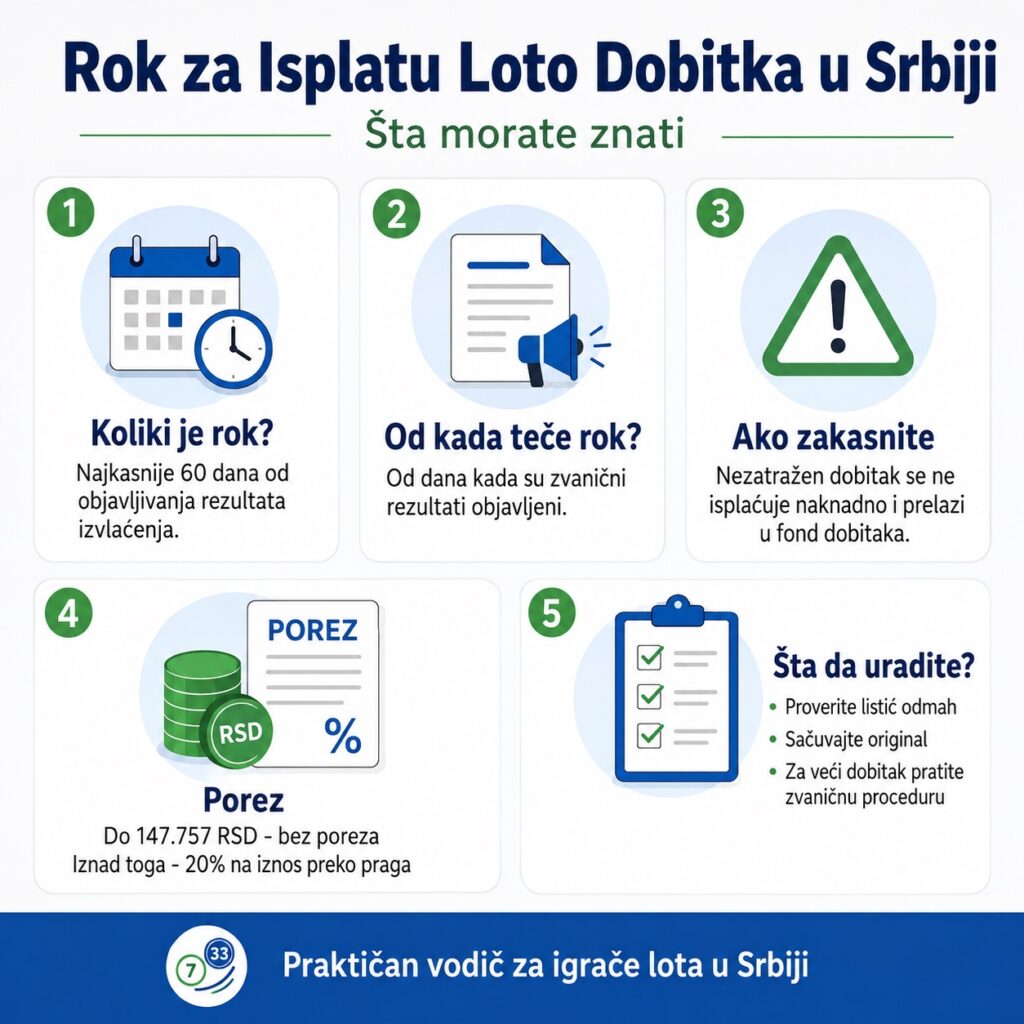 Rok za isplatu loto dobitka u Srbiji infografika